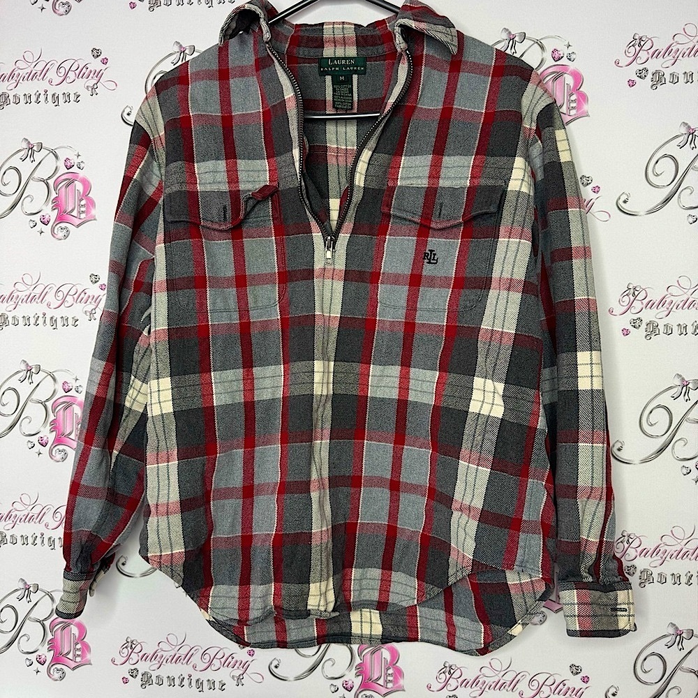 Ralph Lauren shirt half zip plaid grey red black white lumberjack style zipper